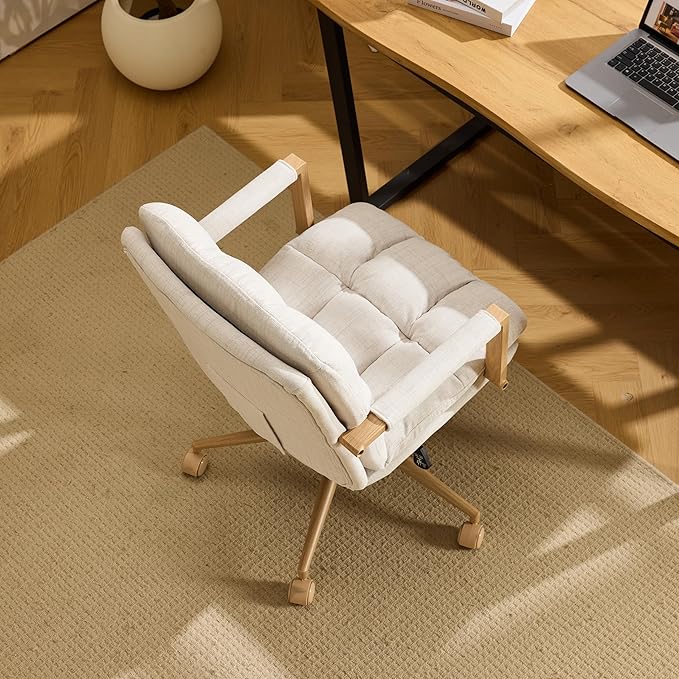 VINGLI Comfy Linen Office Desk Chair with Wheels & Detachable Cushions & Wood-Like Armrests,Swivel Small Computer Task Chair,Adjustable for Girl Makeup Vanity,Teen/Kids Study,Nail Tech,Sewing,White