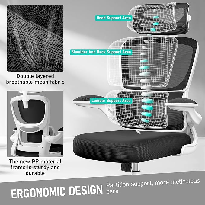 High Back Ergonomic Office Chair, Breathable Mesh Desk Chair with Lumbar Support, Adjustable Headrest, Flip-up Armrests, Computer Gaming Chair, (White, 1Pack)