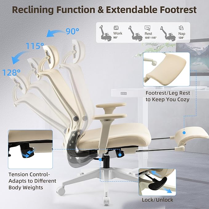 Foldable Office Chair with Foot Rest, Ergonomic Office Chair with Adjustable Lumbar Support, Headrest, Armrest, Home Office Desk Chair for Space Saving, Work from Home, Cream