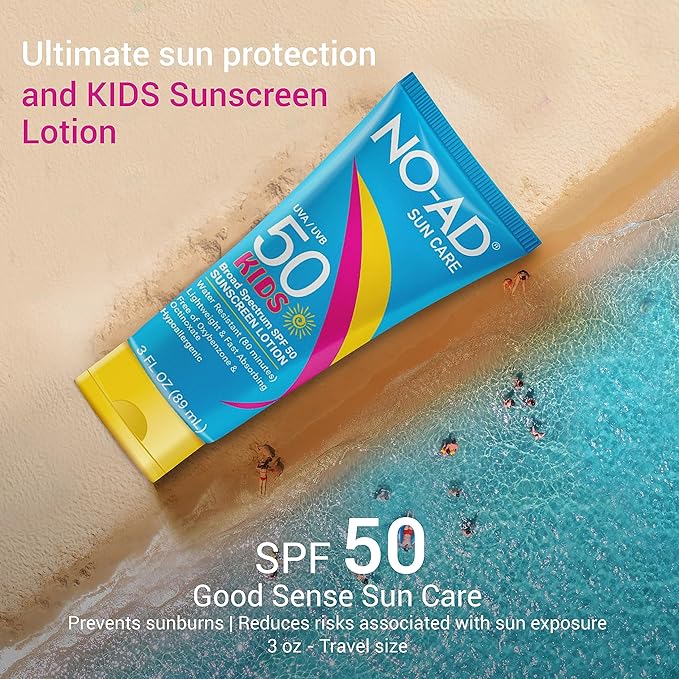NO-AD KIDS SPF 50 Sunscreen Lotion | Non-Greasy and Waterproof Sunscreen | Suitable for All Skin Types | Broad Spectrum Protection for Active Lifestyles | 3 oz | Pack of 3