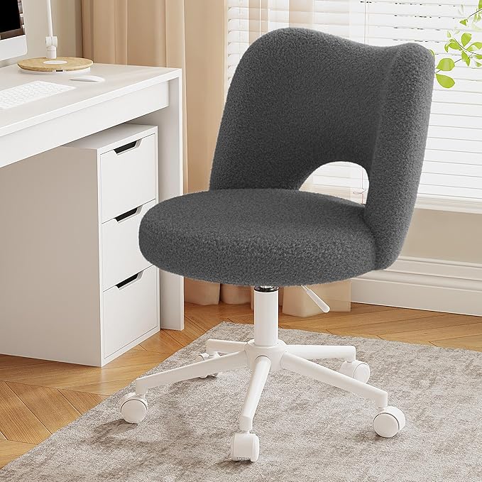 Vanity Chair with Wheels Armless, Cute Vanity Chair with Back,Ultra-Plush Fleece Cute Desk Chair, Small Office Chair Height Adjustable,for Make-up Room,Bedroom,Grey