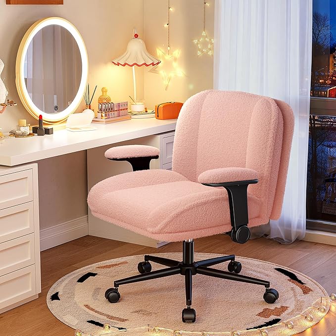 Criss Cross Chair with Wheels,Wide Cross Legged Office Chair with Flip-Up Arms & Extra-Deep Seat Thickened for Home Office, Vanity Chair for Apartment,Plush Cushion,Comfy,Pink