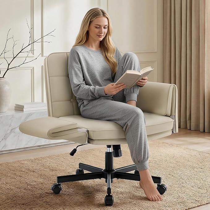 Criss Cross Chair with Wheels - PU Leather Comfy Wide Seat Criss Cross Desk Office Chair with Armrests - Comfortable Swivel Rolling Tilting Vanity Chair with Back for Home Office Makeup Bedroom