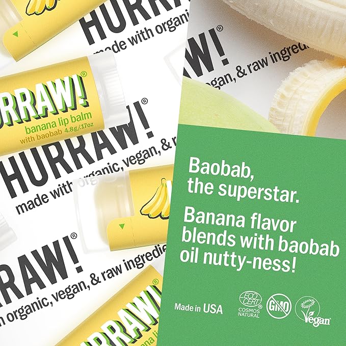 Hurraw! Banana Lip Balm: Organic, Certified Vegan, Cruelty and Gluten Free. Non-GMO, 100% Natural Ingredients. Bee, Shea, Soy and Palm Free. Made in USA