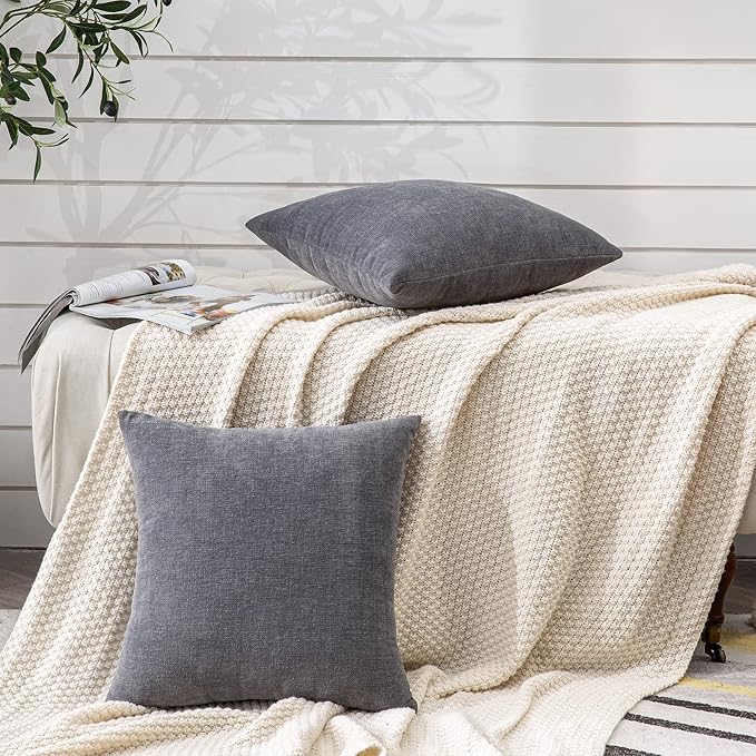GAWAMAY Decorative Square Throw Pillow Covers 22"x22" Inch Set of 2, Super Soft Chenille Pillows Farmhouse Fall Pillowcase for Living Room Bedroom Sofa Couch Cushion Cover Grey 55x55cm (No Insert)