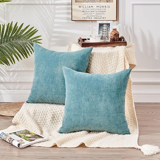 GAWAMAY Decorative Square Throw Pillow Covers 20"x20" Inch Set of 2, Super Soft Chenille Pillows Farmhouse Fall Pillowcase for Living Room Bedroom Sofa Couch Cushion Cover Smoke Blue 50x50cm