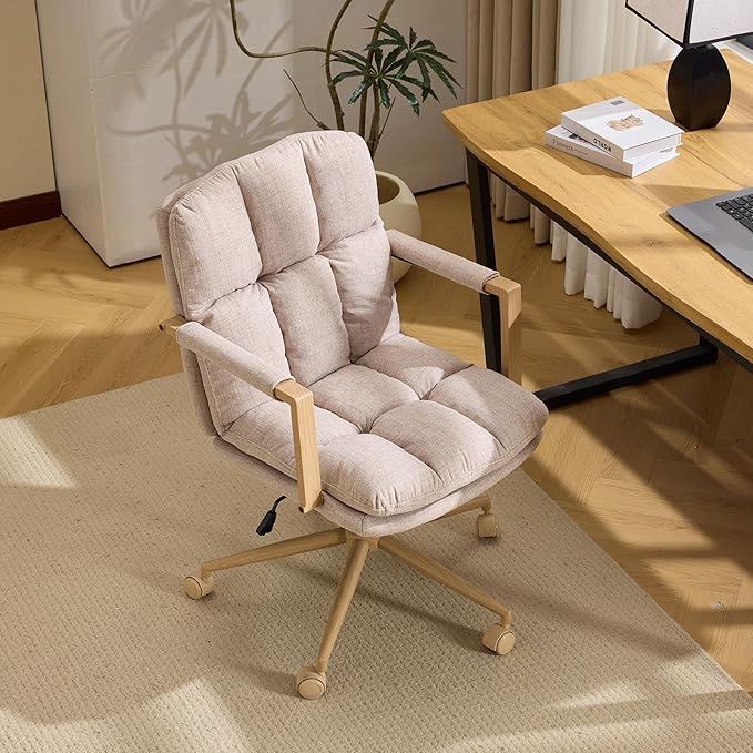 VINGLI Comfy Linen Office Desk Chair with Wheels & Detachable Cushions & Wood-Like Armrests,Swivel Small Computer Task Chair,Adjustable for Girl Makeup Vanity,Teen/Kids Study,Nail Tech,Sewing,Khaki