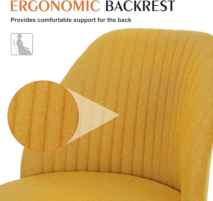 Sweetcrispy Armless Vanity Chair, Cute Comfy Home Office Desk Chair with Wheels, Modern Upholstered Task Computer Seat for Bedroom, Study, Makeup Vanity, Height Adjustable & Swivel, Yellow