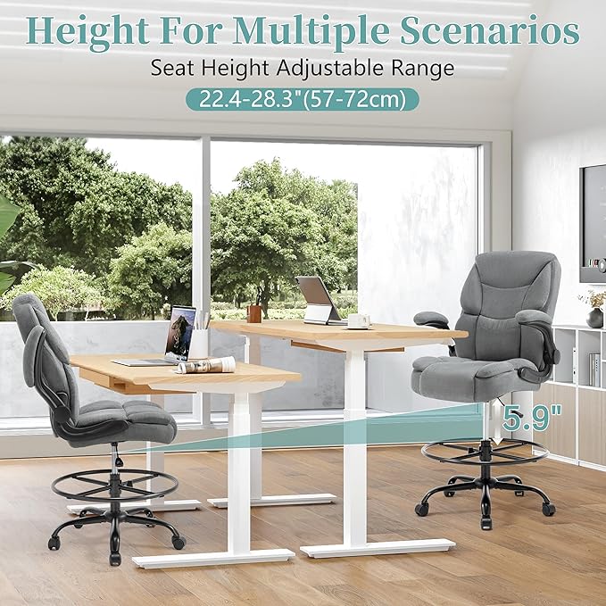 Ergonomic Drafting Chair, Tall Office Chair for Standing Desk, High Back Standing Desk Chair with Flip-Up Armrest, Adjustable Height & Foot Ring, Executive Fabric Extended Height Office Chairs, Grey