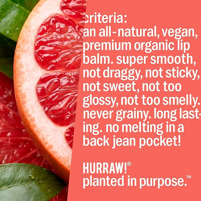 Hurraw! Grapefruit Lip Balm: Organic, Certified Vegan, Cruelty and Gluten Free. Non-GMO, 100% Natural Ingredients. Bee, Shea, Soy and Palm Free. Made in USA