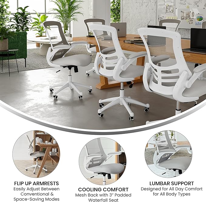 Flash Furniture Kelista Mid-Back Swivel Office Chair with Adjustable Lumbar Support and Seat Height, Ergonomic Mesh Desk Chair with Flip-Up Armrests, Gray/White