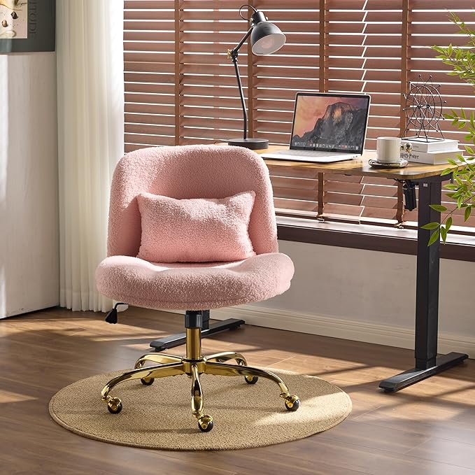 VINGLI Wide Criss Cross Legged Office Chair,Buttprint Ergonomic Desk Chair Comfy with Pillow&Gold Base,Dual-Use with/no Wheels,Adjustable Vanity Swivel Chair for Bedroom,Home Office,Teddy Fleece,Pink