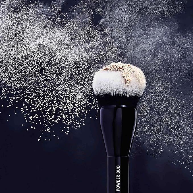 Lune+Aster Powder Duo Brush | Dual-Ended Makeup Brush For Application Of Bronzers, Blushes And Powders. Made with Alumium Handle, Vegan Bristles.