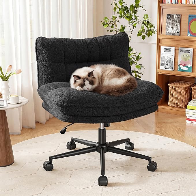 Criss Cross Chair with Wheels, 7" Extra Thick Cross Legged Office Chair, Height Adjustable Swivel Design for Home Office, Study & Vanity,Black