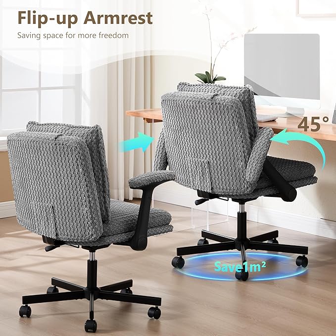 Fizzin Flip-up Armrests for Criss Cross Chair,Cross Legged Chair with Wheels,Memory Foam Seat Office Desk Chair,Mid Back Swivel Chair for Home Office,Bedroom Vanity (Grey Armrests)