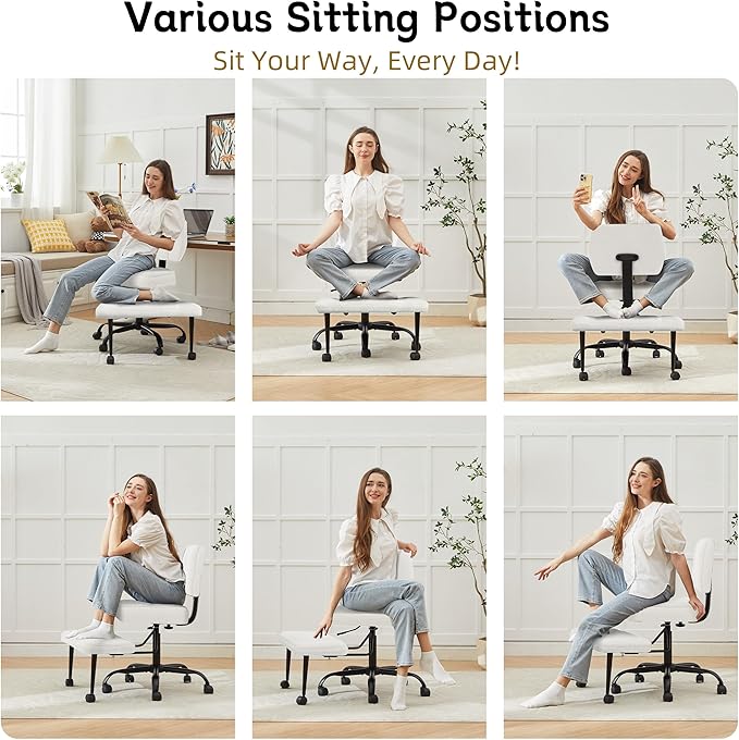 Criss Cross Legged Office Chair with Wheels,Swivel Meditation Chair for ADHD,Ergonomic Desk Chair with Thicken Adjustable Footstool,Fabric Sitting Fidgeting Kneeling Chair for Home Yoga Offwhite