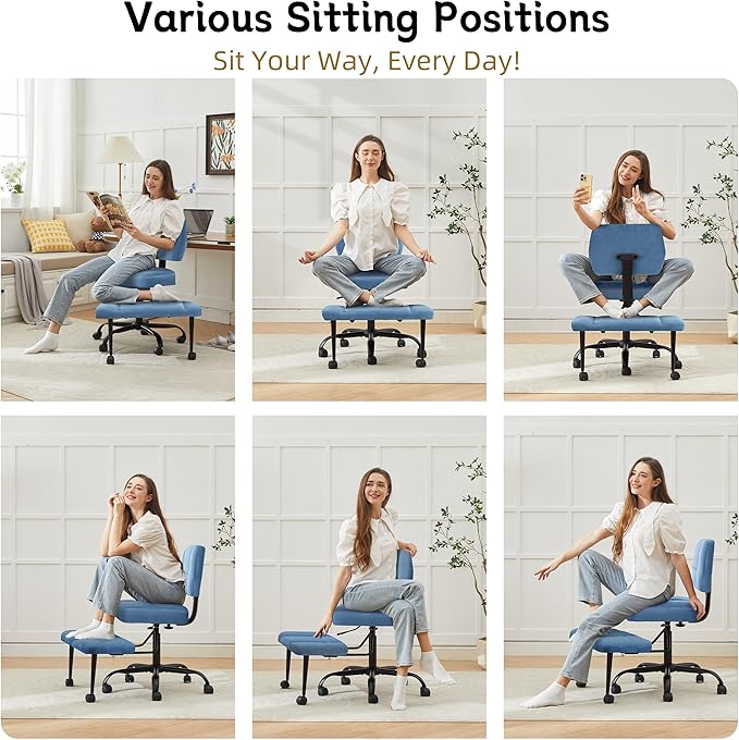 Criss Cross Legged Office Chair with Wheels,Swivel Meditation Chair for ADHD,Ergonomic Desk Chair with Thicken Adjustable Footstool,Fabric Sitting Fidgeting Kneeling Chair for Home Yoga Blue