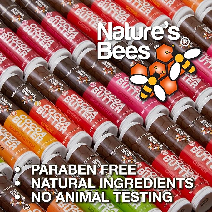 Nature's Bees Cocoa Butter Lip Balm, Lip Care for Dry Lips, Coconut Oil, Beeswax, Vitamin E, Aloe, & Shea Butter, 0.15 oz Each, 4 Flavors, Citrus, Coconut, Cherry, & Mint, 24 Pack - Packaging May Vary