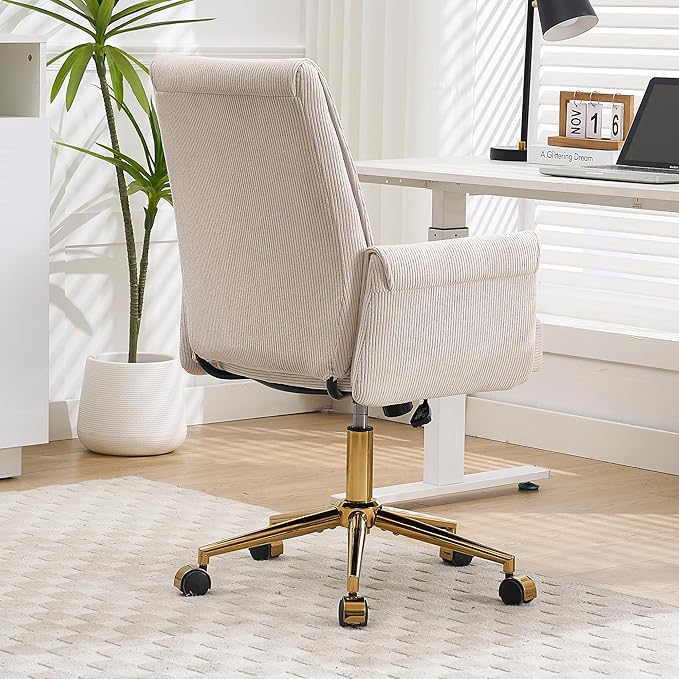 YITAI Stripes Velvet 360°Swivel Desk Chair, Modern Height Adjustable Home Office Armchair with Gold Base and Wheels for Vanity, Comfy Computer Chair for Study Living Room Bedroom（Beige）