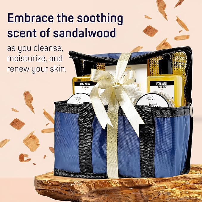 SpaLife Luxury Spa Skincare Sandalwood Gift Set for Men | Mens Body Wash Gifts | Mens Gift Set for Bath and Body | Gifts for Men | Cleansing, Moisturizing, Exfoliating | 7-Piece Bundle