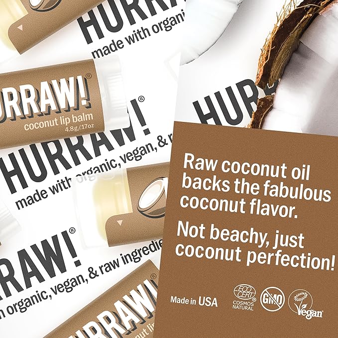 Hurraw! Coconut Lip Balm: Organic, Certified Vegan, Cruelty and Gluten Free. Non-GMO, 100% Natural Ingredients. Bee, Shea, Soy and Palm Free. Made in USA