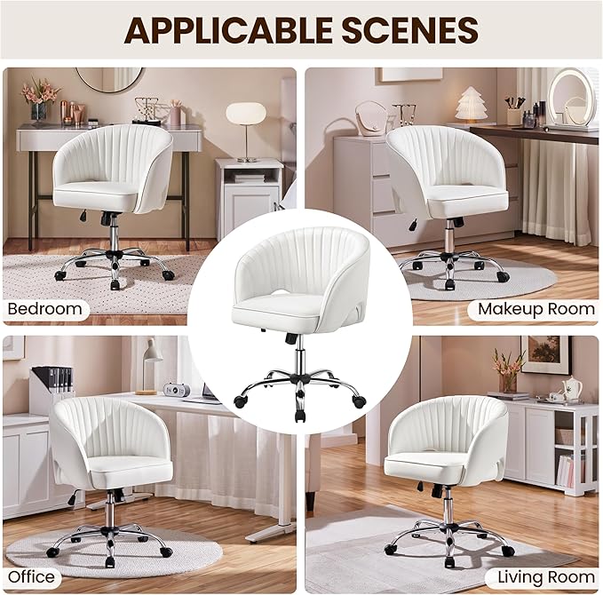 Yaheetech Home Office Chair, Faux Leather Desk Chair, Modern Swivel Chair with Tufted Barrel Back, Rolling Wheels for Office,Study, Vanity, Bedroom White