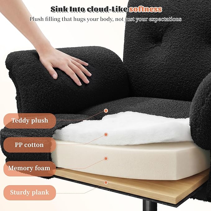 Criss Cross Chair with Wheels and Arms,Teddy Plush Vanity Chair with Side Pockets， Adjustable Home Office Desk Chairs，Computer Chair for Home, Makeup and Office Use,Black