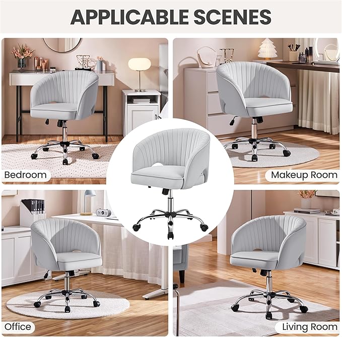 Yaheetech Velvet Swivel Vanity Chair with Back Upholstered Home Office Desk Armchair with Wheels Small Desk Chair for Bedroom Light Gray