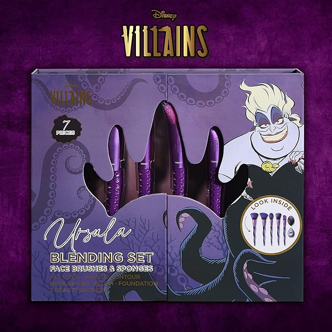 Disney Ursula 7PC Makeup Brush & Blender Set, All-over, Highlighter, Concealer, and Eyeshadow Brush, 2 Beauty Blender Sponges for women and girls by Belle Maison