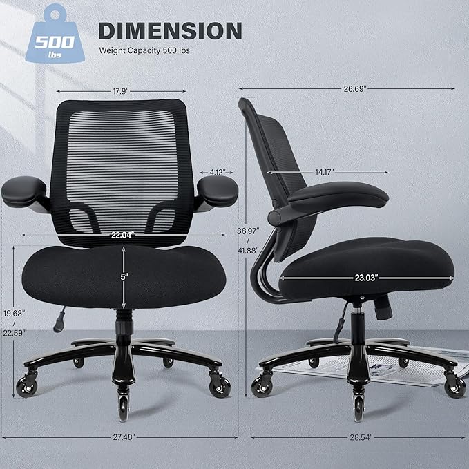 500LBS Big and Tall Office Chair with Flip-Up Armrests, Heavy Duty Office Chair for Heavy People, Memory Foam Seat Filling Springs, Black