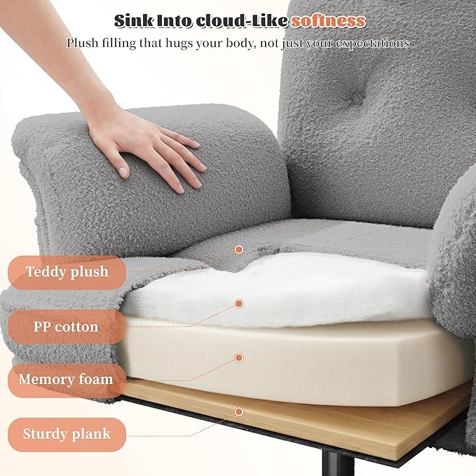 Office Chair with Wheels & Side Pockets,Flip Armrests for Pets & Cross Legged Sitting,Ergonomic Adjustable Vanity Chair –Teddy Plush Office Desk Chair for Home, Makeup and Bedroom,Grey