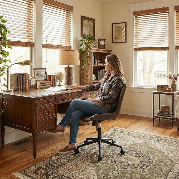 YOUNIKE Office Chair Brown, Armless Desk Chair with Wheels, Home Office Task Chairs, Modern Faux Leather Upholstered Adjustable Swivel Rocking Chair with Back