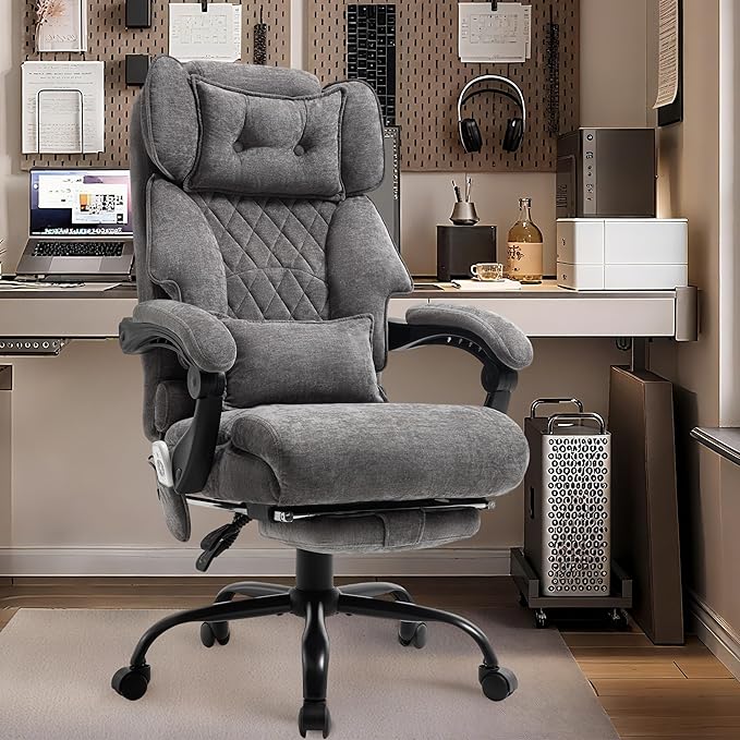Massage Office Chair with Foot Rest,Kneading & Heat Executive Office Chairs for Heavy People,500LBS Big and Tall Office Chair,Ergonomic Reclining Desk Chair,Dual-Use Pillow,Home Office,GreyCloth