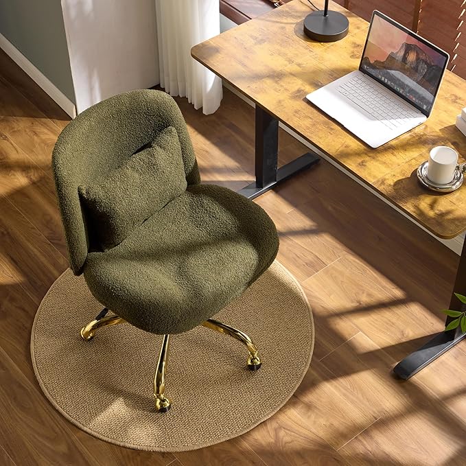 VINGLI Wide Criss Cross Legged Office Chair,Buttprint Ergonomic Desk Chair Comfy with Pillow&Gold Base,Dual-Use with/no Wheels,Adjustable Vanity Swivel Chair for Bedroom,Home Office,Teddy Fleece,Green