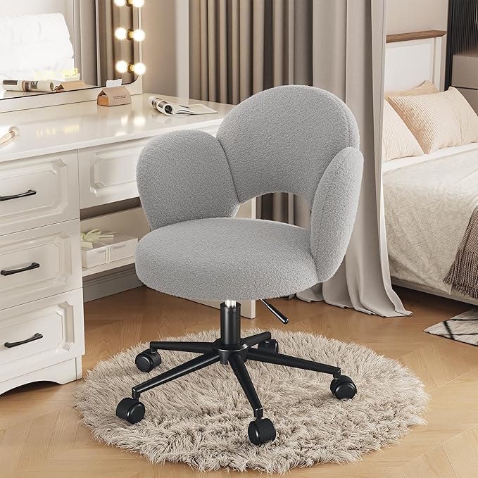 Petal Vanity Chair, Cute Vanity Chair with Wheels, Height Adjustable, Velvet Desk Chair for Study, Makeup & Relaxation, Grey