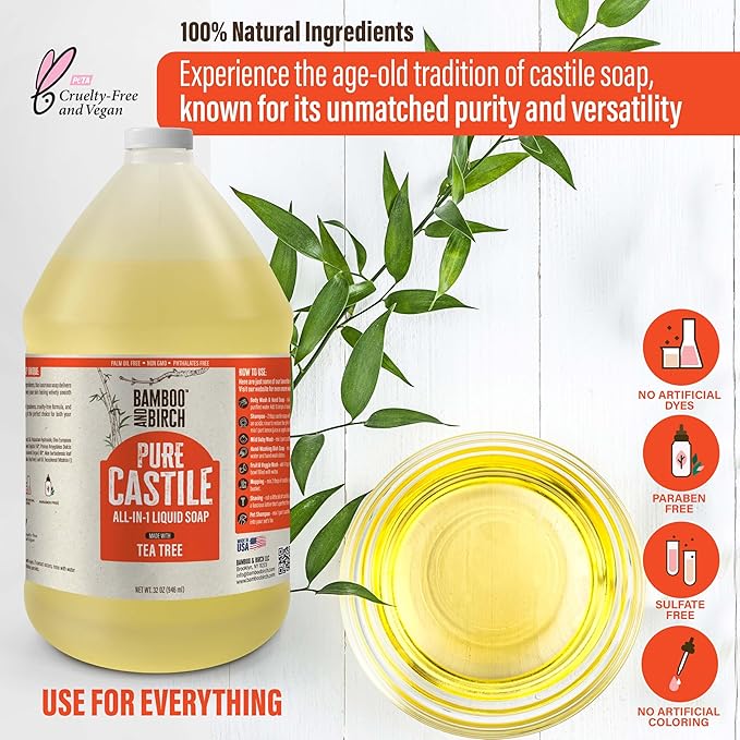 BAMBOO AND BIRCH Pure Castile Soap Liquid, Certified Palm Oil Free Natural Soap, Tea Tree, 64 oz