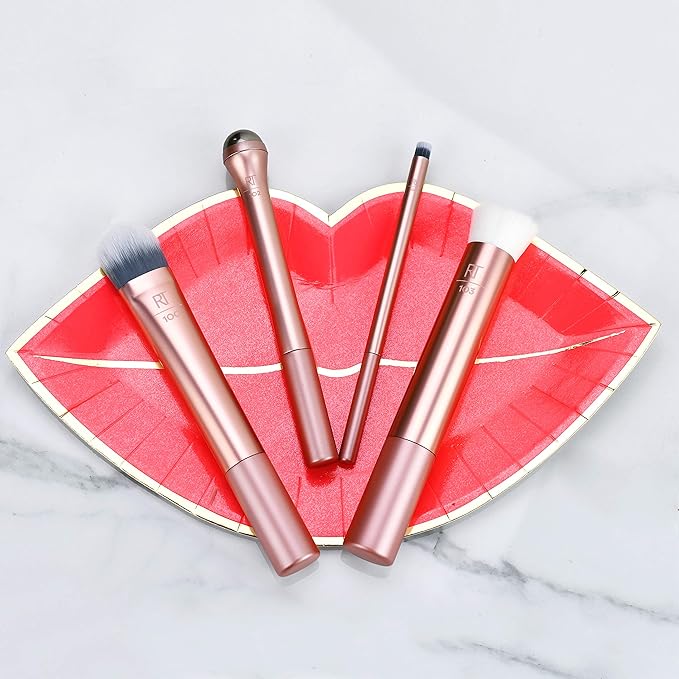 Real Techniques Prep and Prime Makeup Brush Set, Ideal for Exfoliating & Applying Primers, Moisturizers, & Serums, Skincare Tools, Synthetic Bristles, Cruelty-Free & Vegan, 4 Piece Set