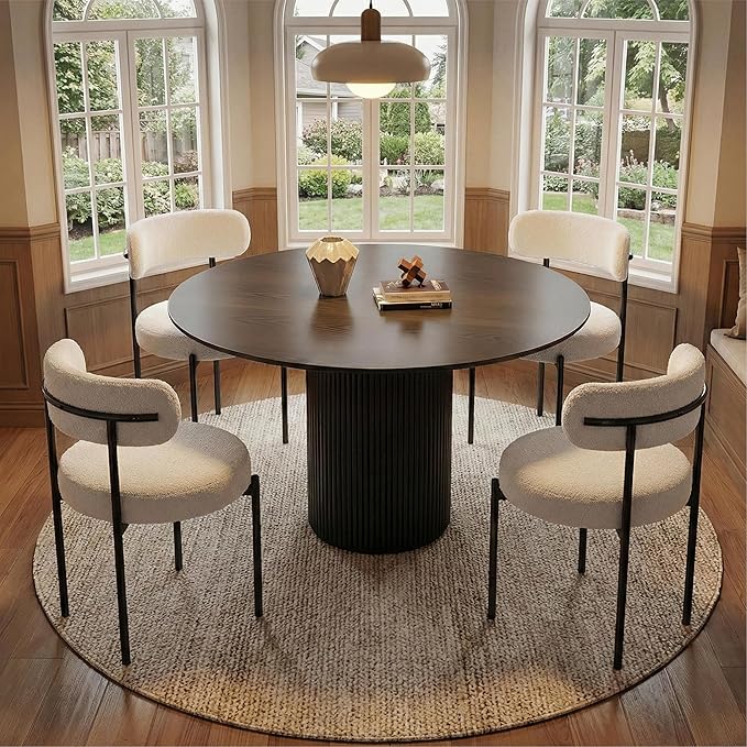 Boucle Dining Chairs Set of 4 Teddy Upholstered Dining Room Chairs Kitchen Chair with Metal Legs Mid Century Modern Chair for Dining Room, Kitchen (Black Frame+White, 4)