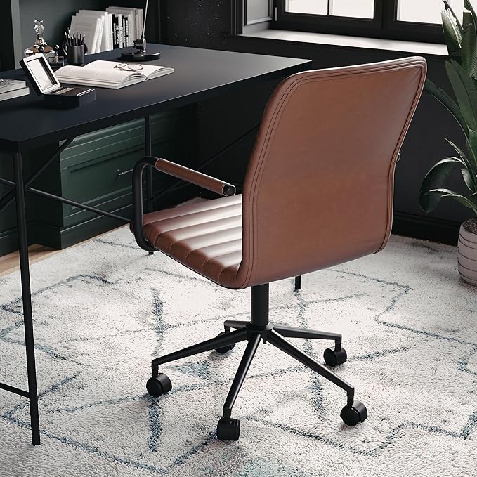 Martha Stewart Taytum Swivel Task Chair with Armrests for Home Office in Saddle Brown Faux Leather with Oil Rubbed Bronze Frame