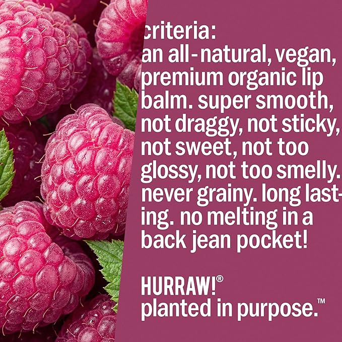 Hurraw! Raspberry Tinted Lip Balm: (Sheer Berry Tint) Organic, Certified Vegan, Cruelty and Gluten Free. Non-GMO, 100% Natural Ingredients. Bee, Shea, Soy and Palm Free. Made in USA