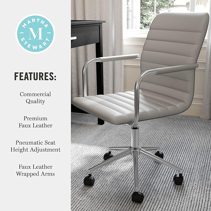 Martha Stewart Taytum Swivel Task Chair with Armrests for Home Office in Gray Faux Leather with Polished Nickel Frame
