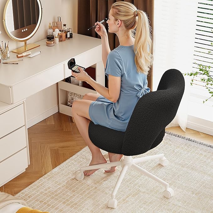 Small Vanity Chair with Silent Wheels Black, Cute Vanity Chair with Back,Ultra-Plush Fleece Cute Desk Chair, Small Office Chair Height Adjustable,for Make-up Room,Bedroom