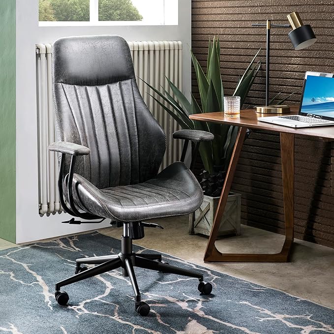 ovios Ergonomic Office Chair, High Back Faux Leather Executive Chairs with Armrests, Comfy Mid-Century Modern Swivel Rolling Computer Armchair (Dark Grey, Suede Leather)