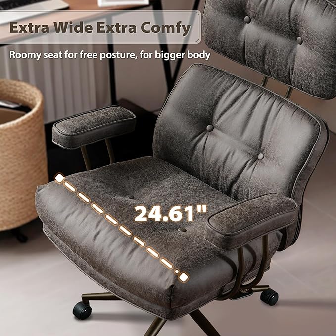 HOOOWOOO Ergonomic Mid Century Modern Office Chair, Comfy Executive Chair with Extra Wide Tufted Cloudy Seat, Lumbar Support, High Reclining Back, Suede Leather Grey