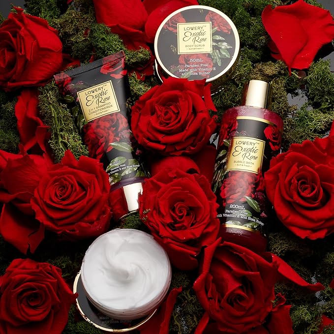 Gifts for Her - Exotic Rose Valentine Gift Basket for Women, Spa Bath and Body Gift Set, Anniversary Gifts for Women, Mom Birthday Gift with Body Scrub, Bubble Bath, Lotion & More