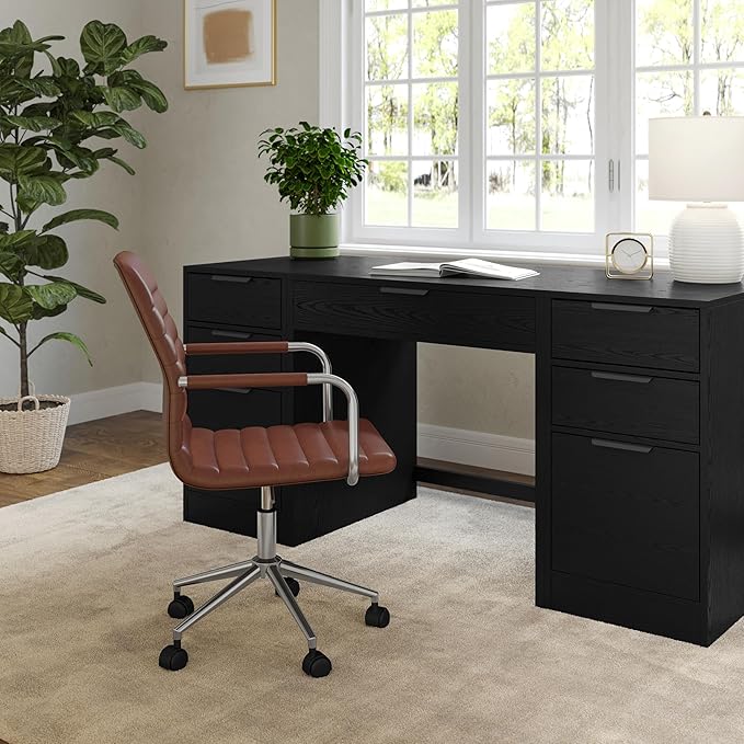Martha Stewart Taytum Swivel Task Chair with Armrests for Home Office in Saddle Brown Faux Leather with Polished Nickel Frame