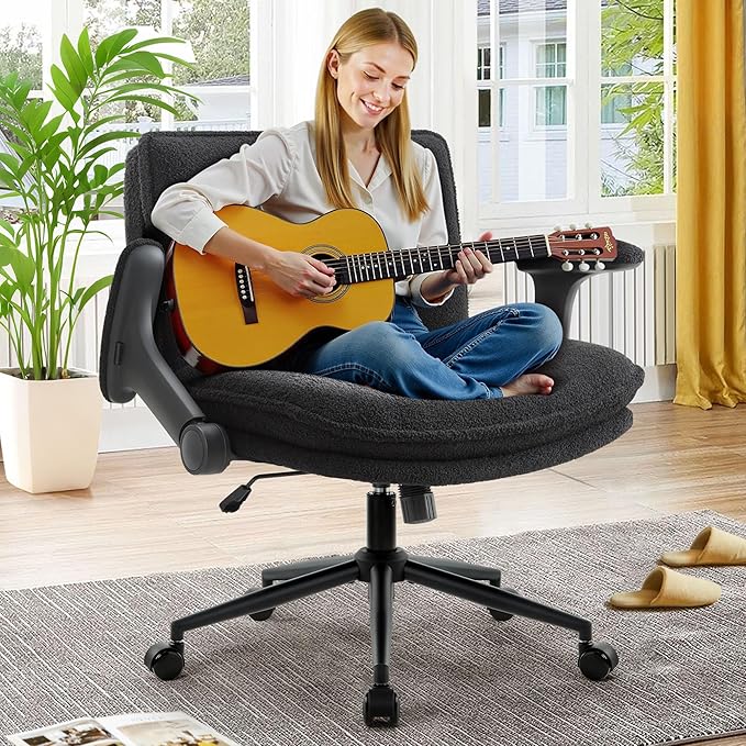 Criss Cross Legged Office Chair with Wheels and Flip-Up Arms, Ergonomic Wide Seat Desk Chair with Thick Padded, Height Adjustable Criss Cross Chairs for Home Office, Bedroom,Apartment,Vanity,Black