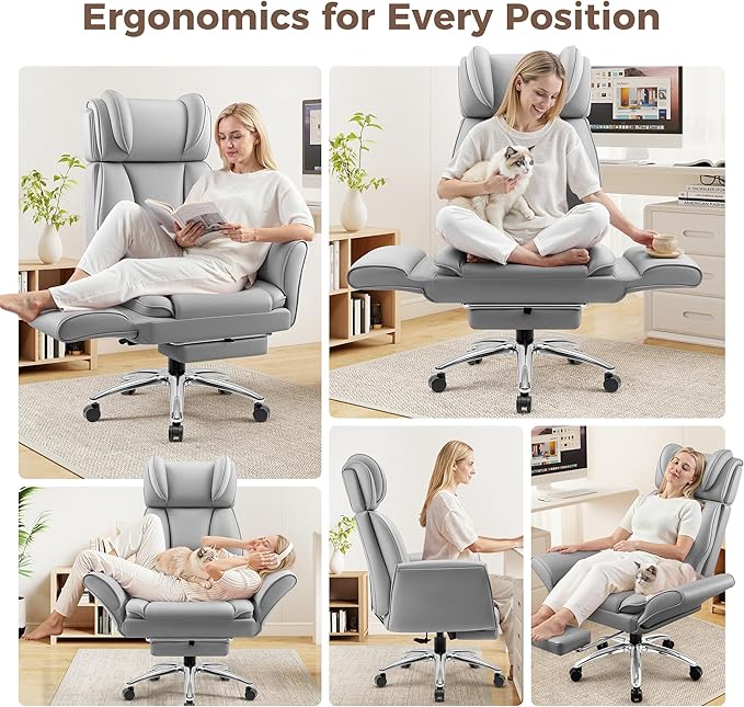 Big and Tall Office Chair, Flip Armrests for Pets & Cross Legged Sitting, Ergonomic Leather Executive Desk Chair with Foot Rest, High-Back Reclining Computer Chairs for Office Home Game - Grey