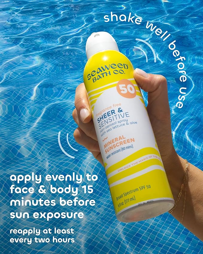 Seaweed Bath Co. Sheer Mineral Sensitive SPF 50 Broad Spectrum Sunscreen Spray - Fragrance Free, Non-Nano, Skin-Friendly Formula - 6 oz (Pack of 2)