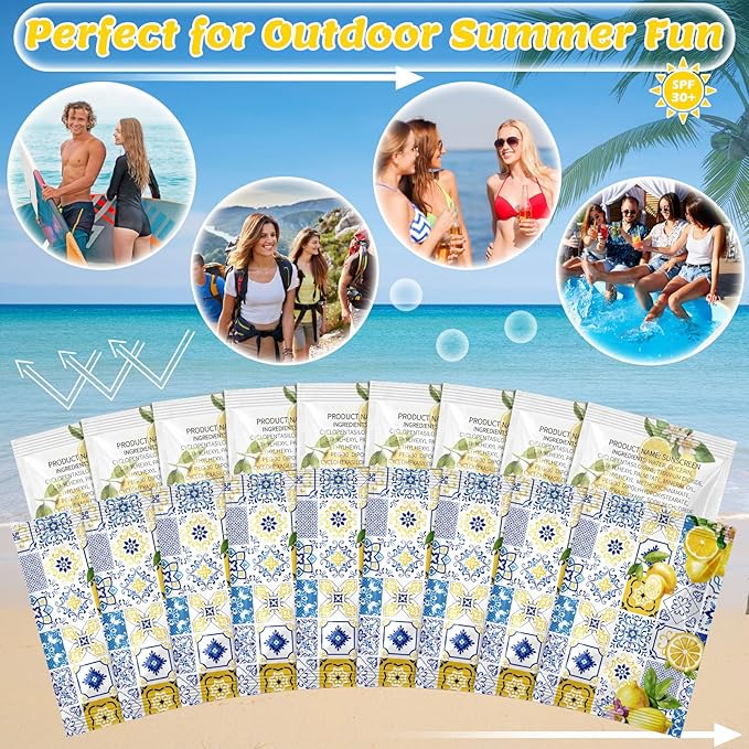 Leelosp 100 Pack Travel Size Sunscreen Bulk Mini Sunscreen Packets Spf 30+ for Beach Trip Vacation Outdoor, Wedding Party Favors Mediterranean Summer Thank You Gifts for Guests Women